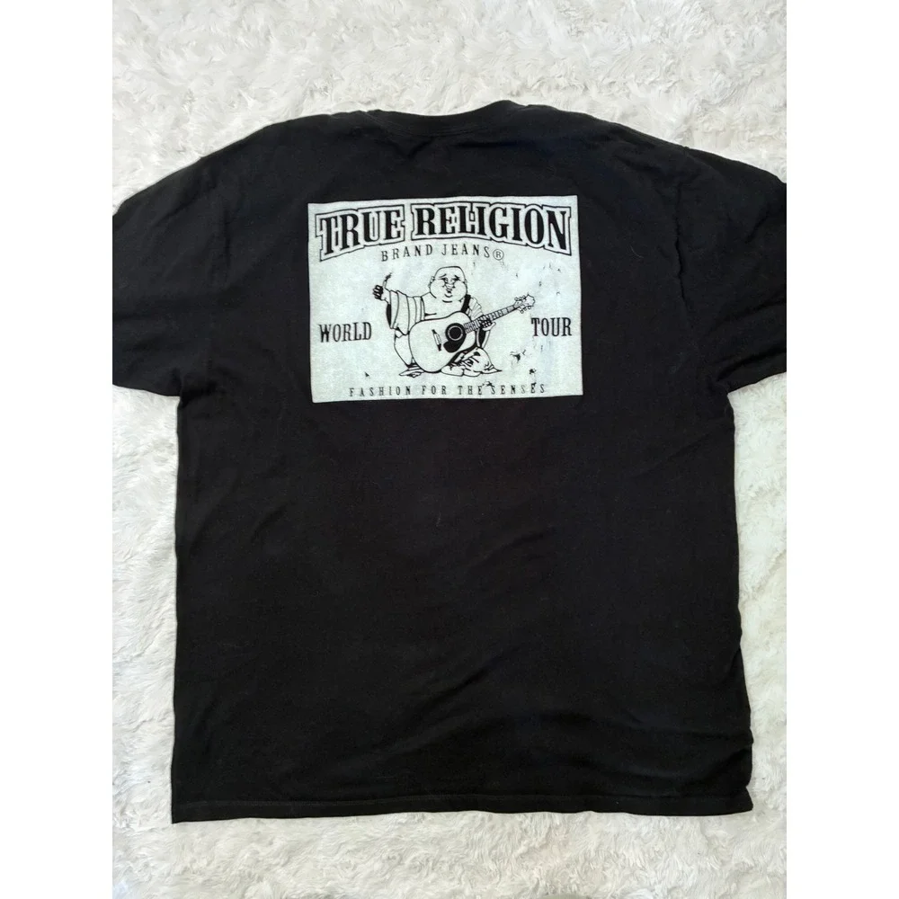 True Religion Mens XXL Black Graphic T-Shirt World Tour Buddha Logo Tee